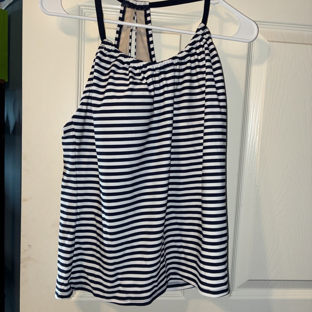 Kona Sol Swimwear Racerback High Neck Tankini Top, Navy Striped Large 12-14